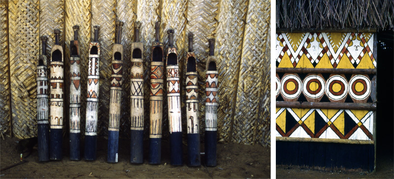 Bastones para el baile con sus imagenes ancestrales (izquierda). Imágenes ancestrales resguardan la maloca (derecha). Fotografías: François Correa.